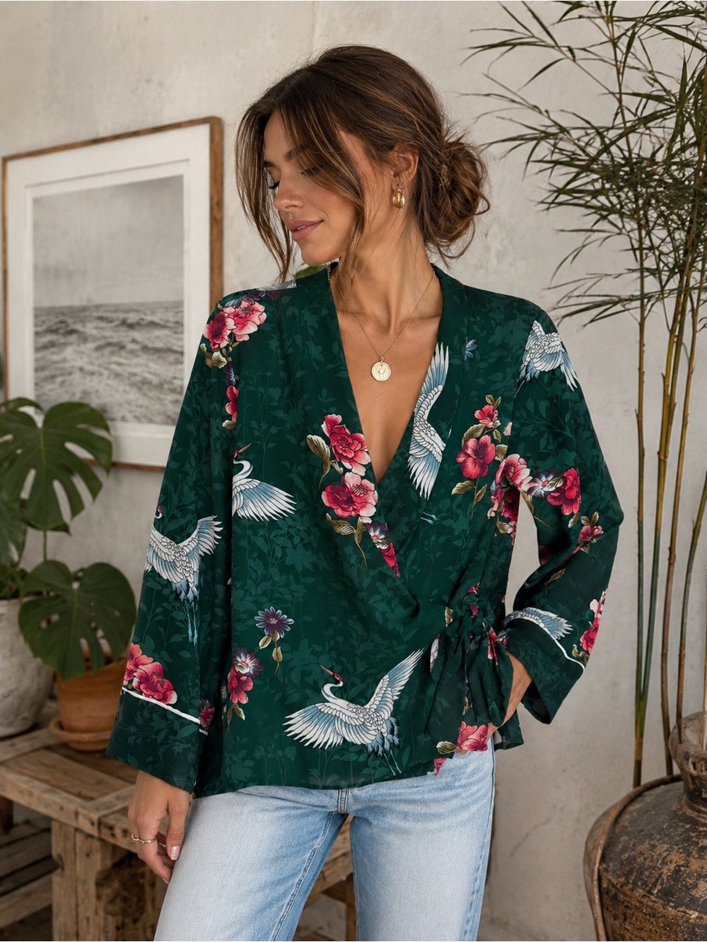 Zara Women’s Green Floral Crane Kimono Wrap Top Size L